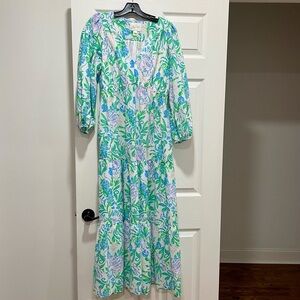 Lilly Pulitzer Deacon 3/4 Sleeve V Neck Maxi Dress Gorgeous Print Floral 6 EUC
